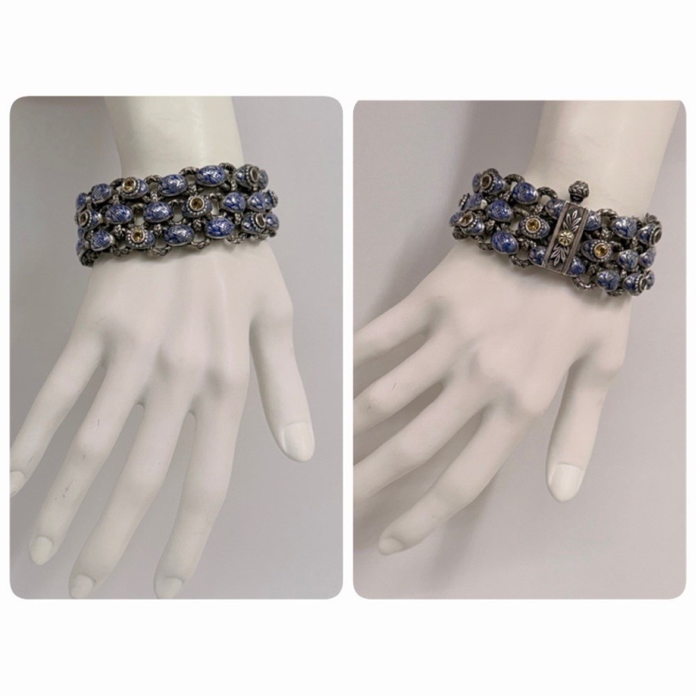 Ned Bowman Laurel Leaf Sterling Gold Blue Enamel Yellow Gemstone Bracelet 7 1/2"